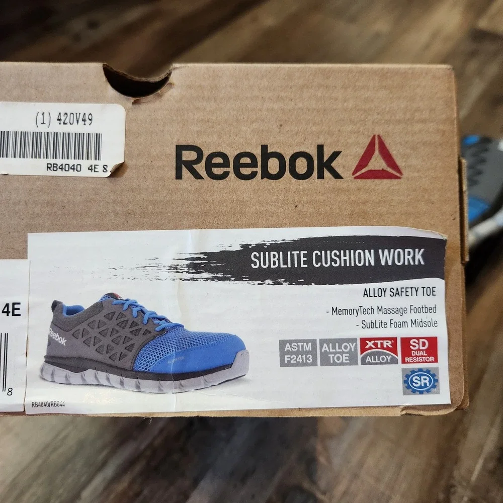 Reebok Sublite Cushion Work Alloy Toe Shoes Blue Grey Mens 8.5 X-Wide RB4040 NEW
